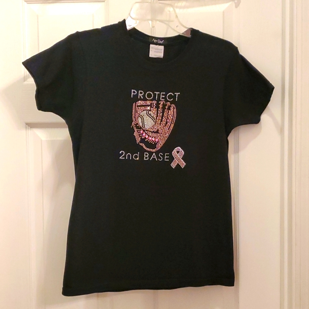 NWOT Breast Cancer Awareness Protect 2nd Base Women's Small Black Bling Tshirt